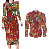 Mele Kalikimaka Pakalana Pikake Lei Couples Matching Long Sleeve Bodycon Dress and Long Sleeve Button Shirt Hawaiian Rodeo Paniolo Omaomao Palaka LT9 Green - Polynesian Pride