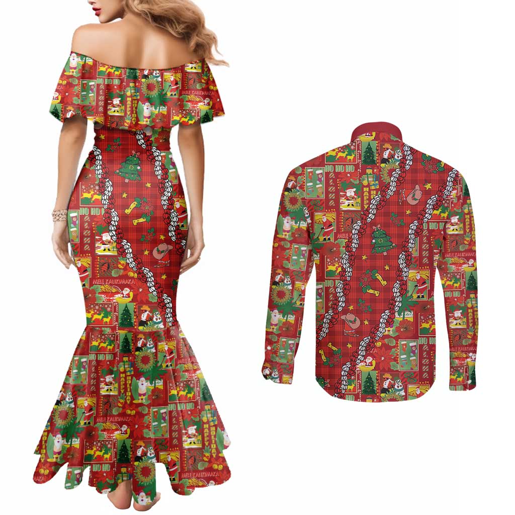 Mele Kalikimaka Pakalana Pikake Lei Couples Matching Mermaid Dress and Long Sleeve Button Shirt Hawaiian Rodeo Paniolo Omaomao Palaka LT9 - Polynesian Pride