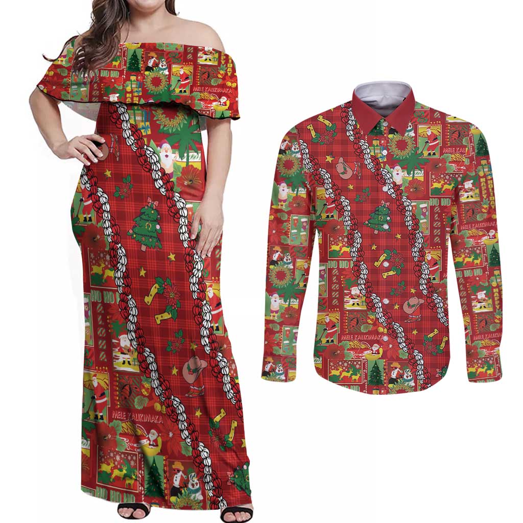 Mele Kalikimaka Pakalana Pikake Lei Couples Matching Off Shoulder Maxi Dress and Long Sleeve Button Shirt Hawaiian Rodeo Paniolo Omaomao Palaka LT9 Green - Polynesian Pride