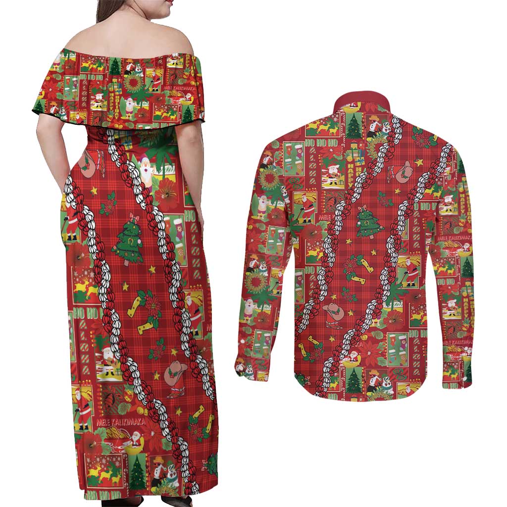Mele Kalikimaka Pakalana Pikake Lei Couples Matching Off Shoulder Maxi Dress and Long Sleeve Button Shirt Hawaiian Rodeo Paniolo Omaomao Palaka LT9 - Polynesian Pride