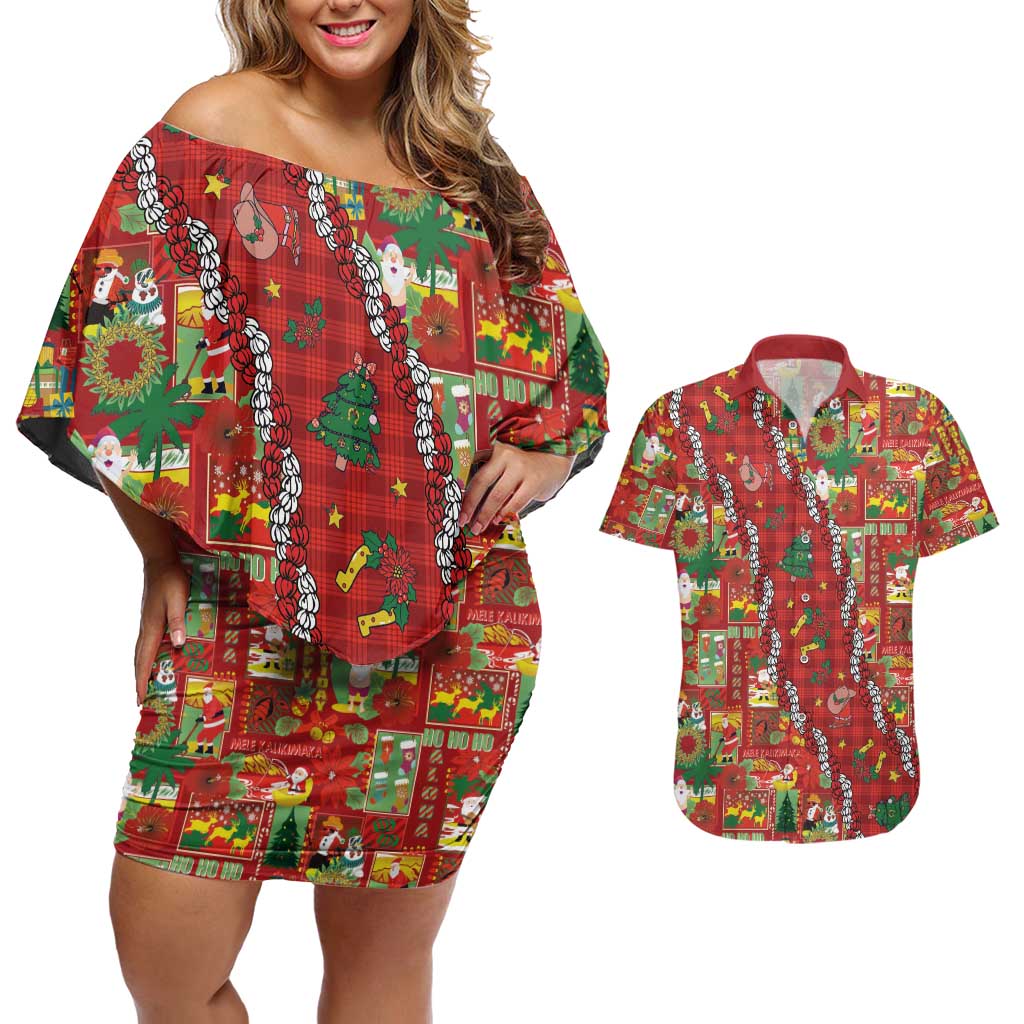 Mele Kalikimaka Pakalana Pikake Lei Couples Matching Off Shoulder Short Dress and Hawaiian Shirt Hawaiian Rodeo Paniolo Omaomao Palaka LT9 Green - Polynesian Pride