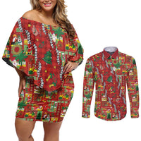 Mele Kalikimaka Pakalana Pikake Lei Couples Matching Off Shoulder Short Dress and Long Sleeve Button Shirt Hawaiian Rodeo Paniolo Omaomao Palaka LT9 Green - Polynesian Pride