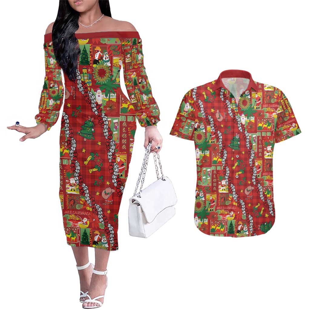 Mele Kalikimaka Pakalana Pikake Lei Couples Matching Off The Shoulder Long Sleeve Dress and Hawaiian Shirt Hawaiian Rodeo Paniolo Omaomao Palaka - Polynesian Pride
