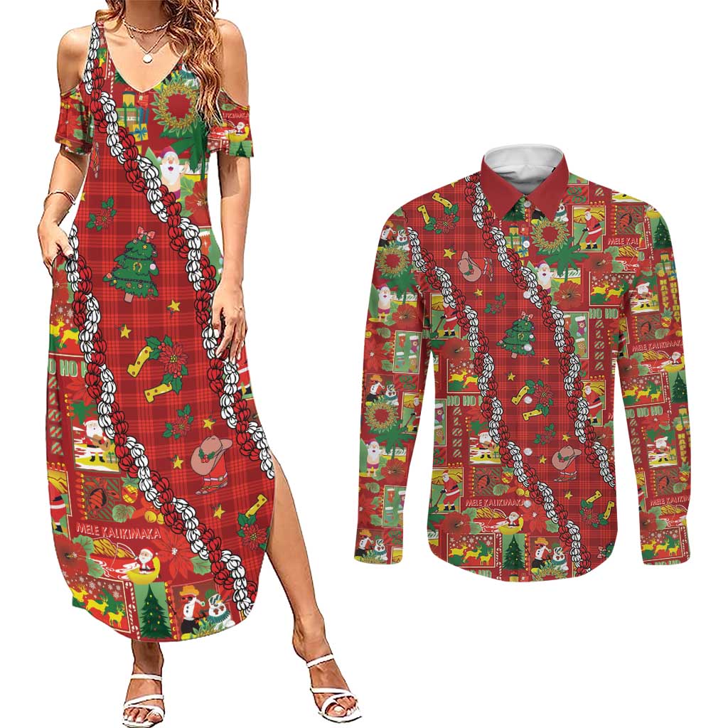 Mele Kalikimaka Pakalana Pikake Lei Couples Matching Summer Maxi Dress and Long Sleeve Button Shirt Hawaiian Rodeo Paniolo Omaomao Palaka - Polynesian Pride