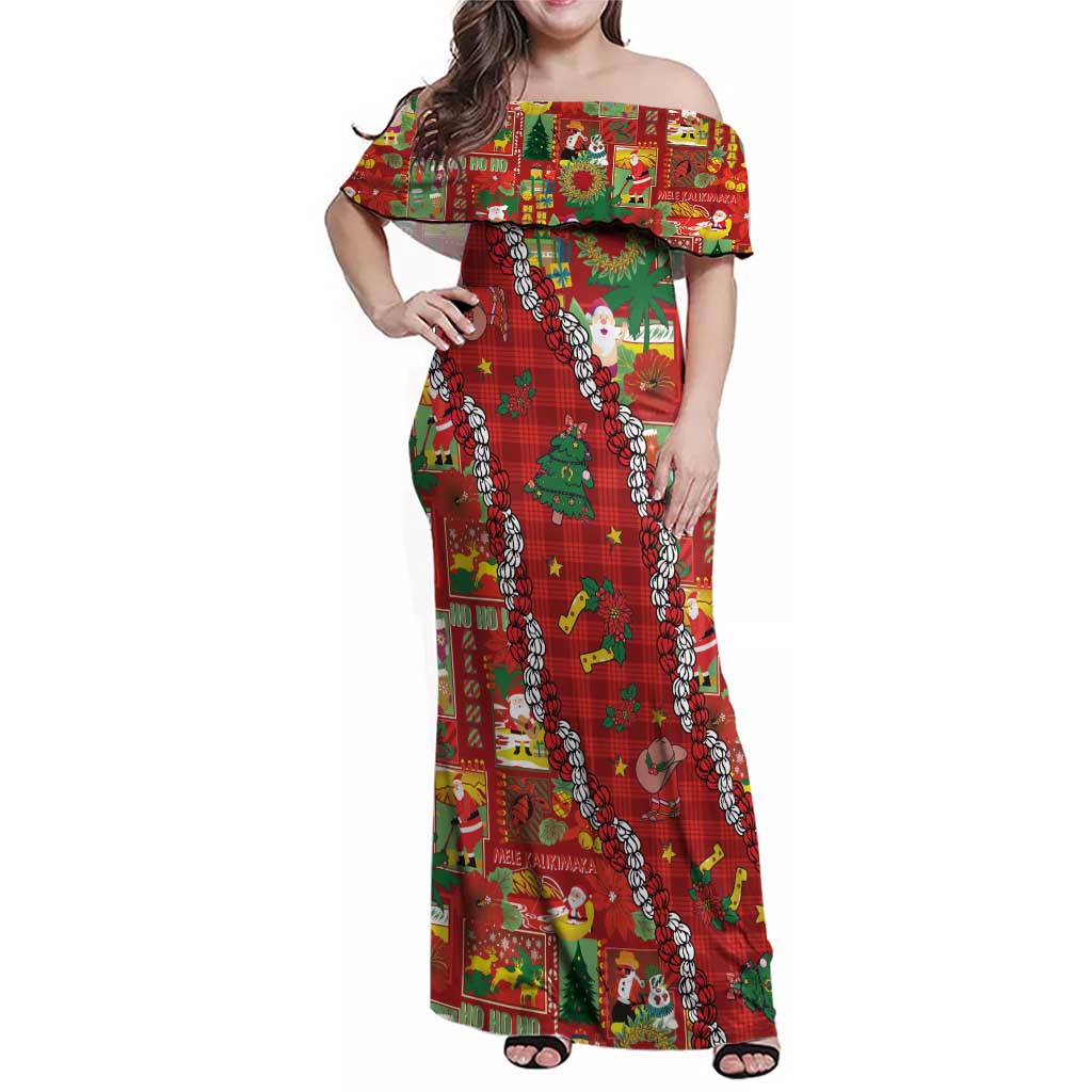 Mele Kalikimaka Pakalana Pikake Lei Family Matching Off Shoulder Maxi Dress and Hawaiian Shirt Hawaiian Rodeo Paniolo Omaomao Palaka LT9 Mom's Dress Green - Polynesian Pride