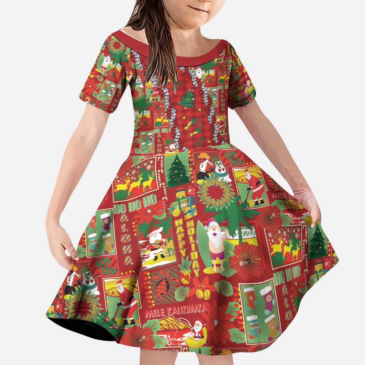 Mele Kalikimaka Pakalana Pikake Lei Kid Short Sleeve Dress Hawaiian Rodeo Paniolo Omaomao Palaka - Polynesian Pride