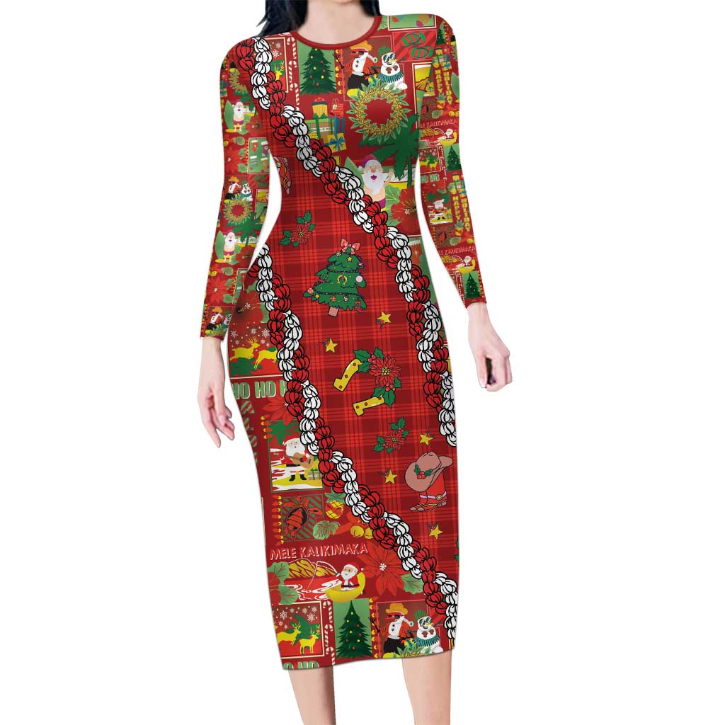 Mele Kalikimaka Pakalana Pikake Lei Long Sleeve Bodycon Dress Hawaiian Rodeo Paniolo Omaomao Palaka LT9 Long Dress Green - Polynesian Pride
