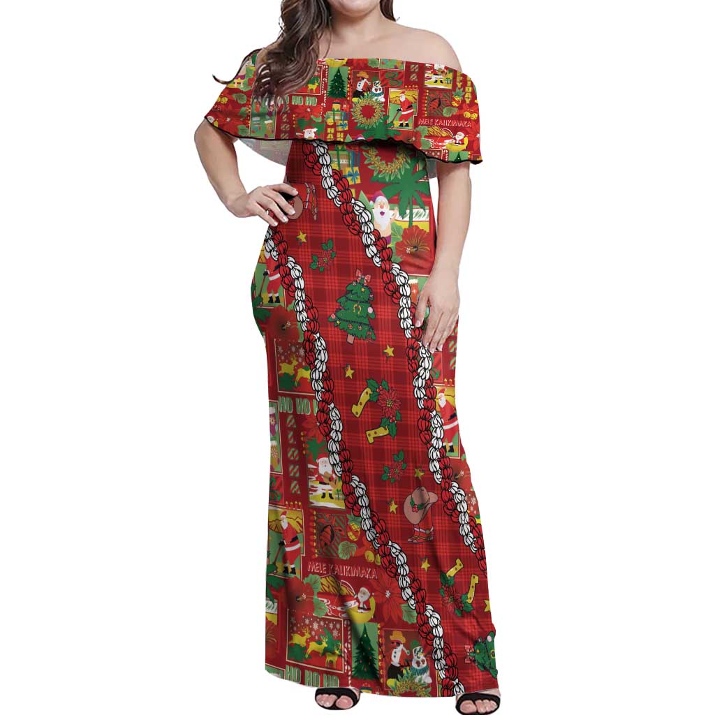 Mele Kalikimaka Pakalana Pikake Lei Off Shoulder Maxi Dress Hawaiian Rodeo Paniolo Omaomao Palaka LT9 Women Green - Polynesian Pride