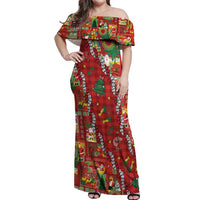 Mele Kalikimaka Pakalana Pikake Lei Off Shoulder Maxi Dress Hawaiian Rodeo Paniolo Omaomao Palaka LT9 Women Green - Polynesian Pride