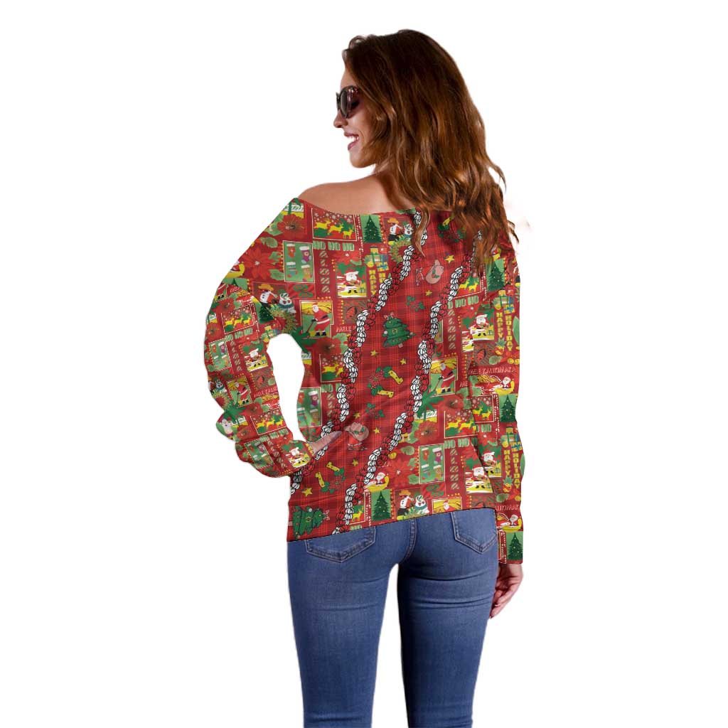 Mele Kalikimaka Pakalana Pikake Lei Off Shoulder Sweater Hawaiian Rodeo Paniolo Omaomao Palaka LT9 - Polynesian Pride