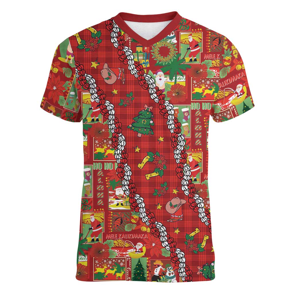 Mele Kalikimaka Pakalana Pikake Lei Women V-Neck T-Shirt Hawaiian Rodeo Paniolo Omaomao Palaka - Polynesian Pride
