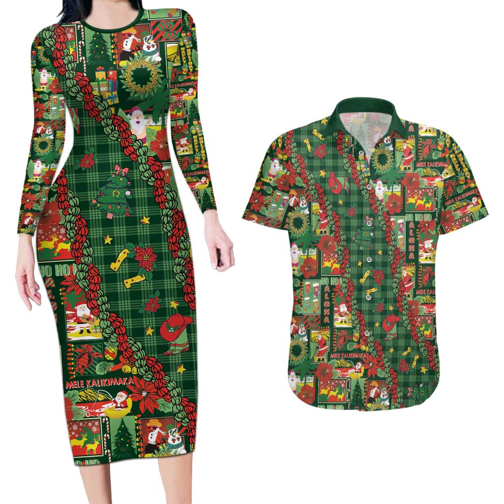 Mele Kalikimaka Pakalana Pikake Lei Couples Matching Long Sleeve Bodycon Dress and Hawaiian Shirt Hawaiian Rodeo Paniolo Ulaula Palaka LT9 Red - Polynesian Pride