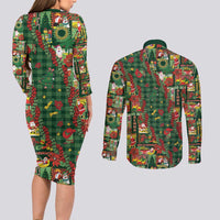 Mele Kalikimaka Pakalana Pikake Lei Couples Matching Long Sleeve Bodycon Dress and Long Sleeve Button Shirt Hawaiian Rodeo Paniolo Ulaula Palaka LT9 - Polynesian Pride