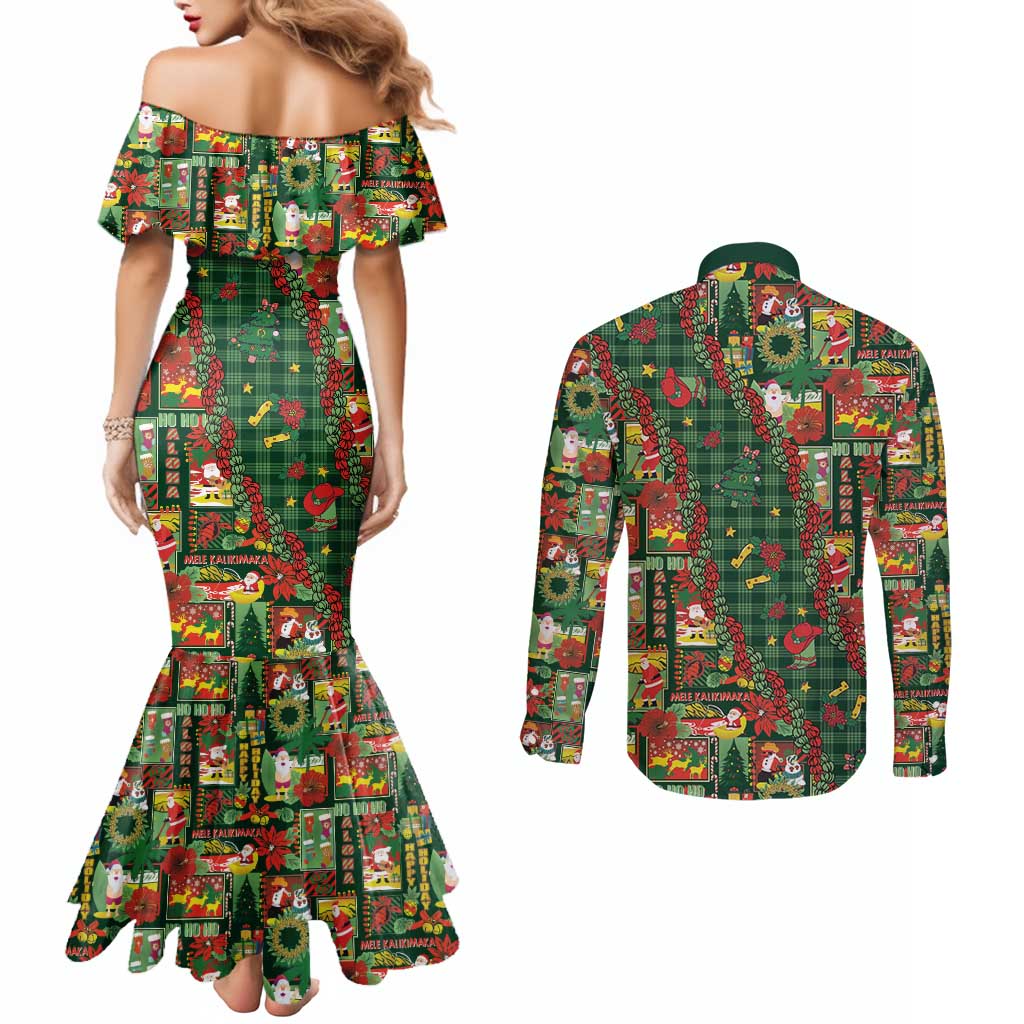 Mele Kalikimaka Pakalana Pikake Lei Couples Matching Mermaid Dress and Long Sleeve Button Shirt Hawaiian Rodeo Paniolo Ulaula Palaka LT9 - Polynesian Pride