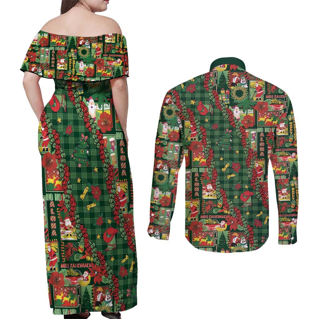 Mele Kalikimaka Pakalana Pikake Lei Couples Matching Off Shoulder Maxi Dress and Long Sleeve Button Shirt Hawaiian Rodeo Paniolo Ulaula Palaka LT9 - Polynesian Pride