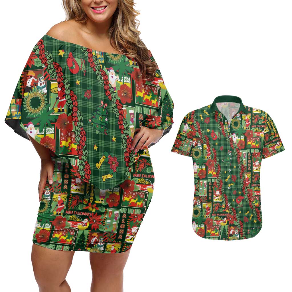 Mele Kalikimaka Pakalana Pikake Lei Couples Matching Off Shoulder Short Dress and Hawaiian Shirt Hawaiian Rodeo Paniolo Ulaula Palaka LT9 Red - Polynesian Pride