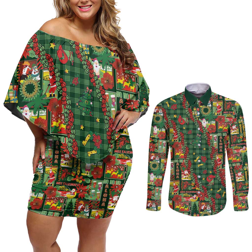 Mele Kalikimaka Pakalana Pikake Lei Couples Matching Off Shoulder Short Dress and Long Sleeve Button Shirt Hawaiian Rodeo Paniolo Ulaula Palaka LT9 Red - Polynesian Pride