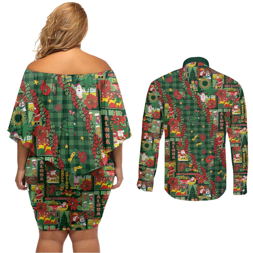 Mele Kalikimaka Pakalana Pikake Lei Couples Matching Off Shoulder Short Dress and Long Sleeve Button Shirt Hawaiian Rodeo Paniolo Ulaula Palaka LT9 - Polynesian Pride