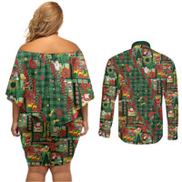 Mele Kalikimaka Pakalana Pikake Lei Couples Matching Off Shoulder Short Dress and Long Sleeve Button Shirt Hawaiian Rodeo Paniolo Ulaula Palaka LT9 - Polynesian Pride