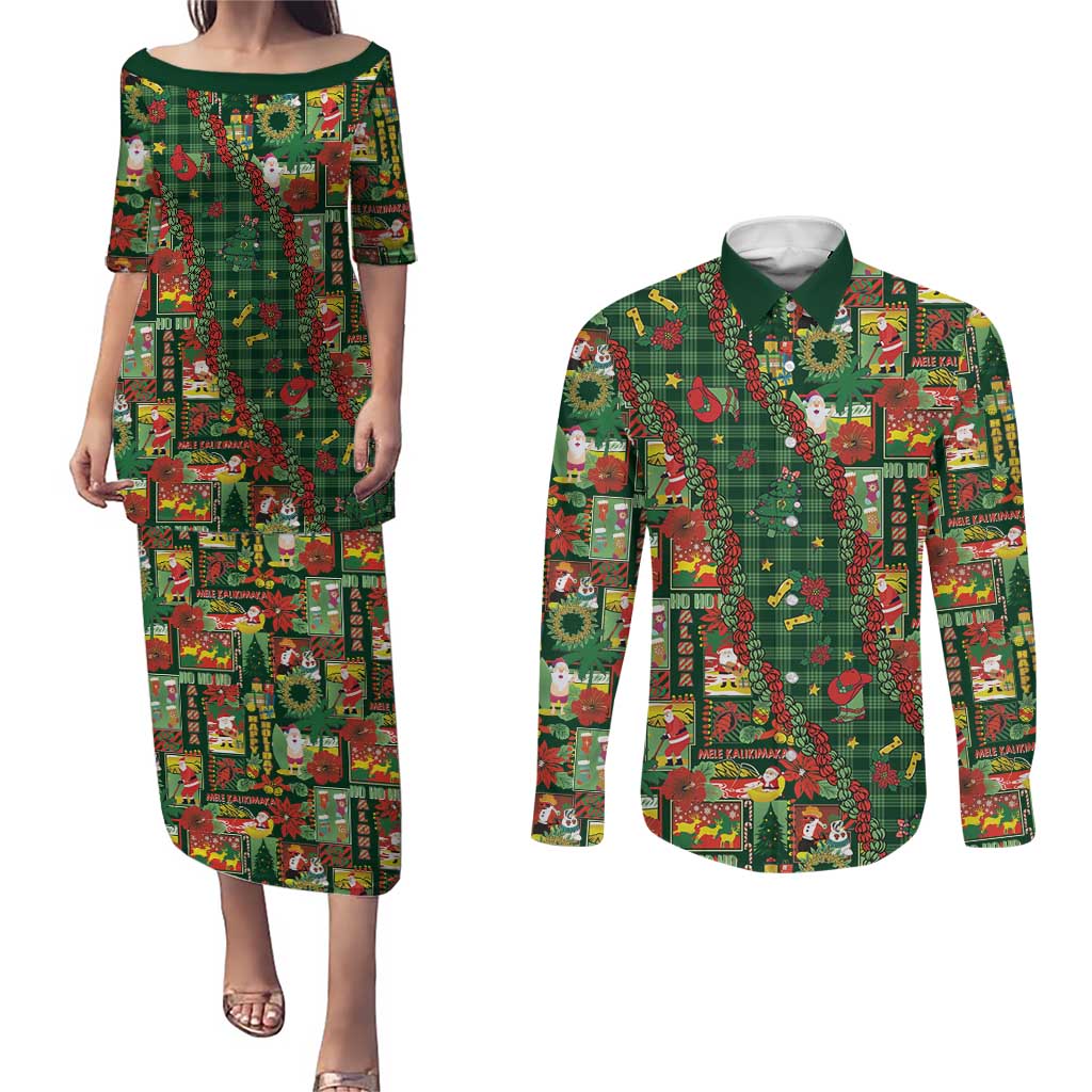 Mele Kalikimaka Pakalana Pikake Lei Couples Matching Puletasi and Long Sleeve Button Shirt Hawaiian Rodeo Paniolo Ulaula Palaka - Polynesian Pride