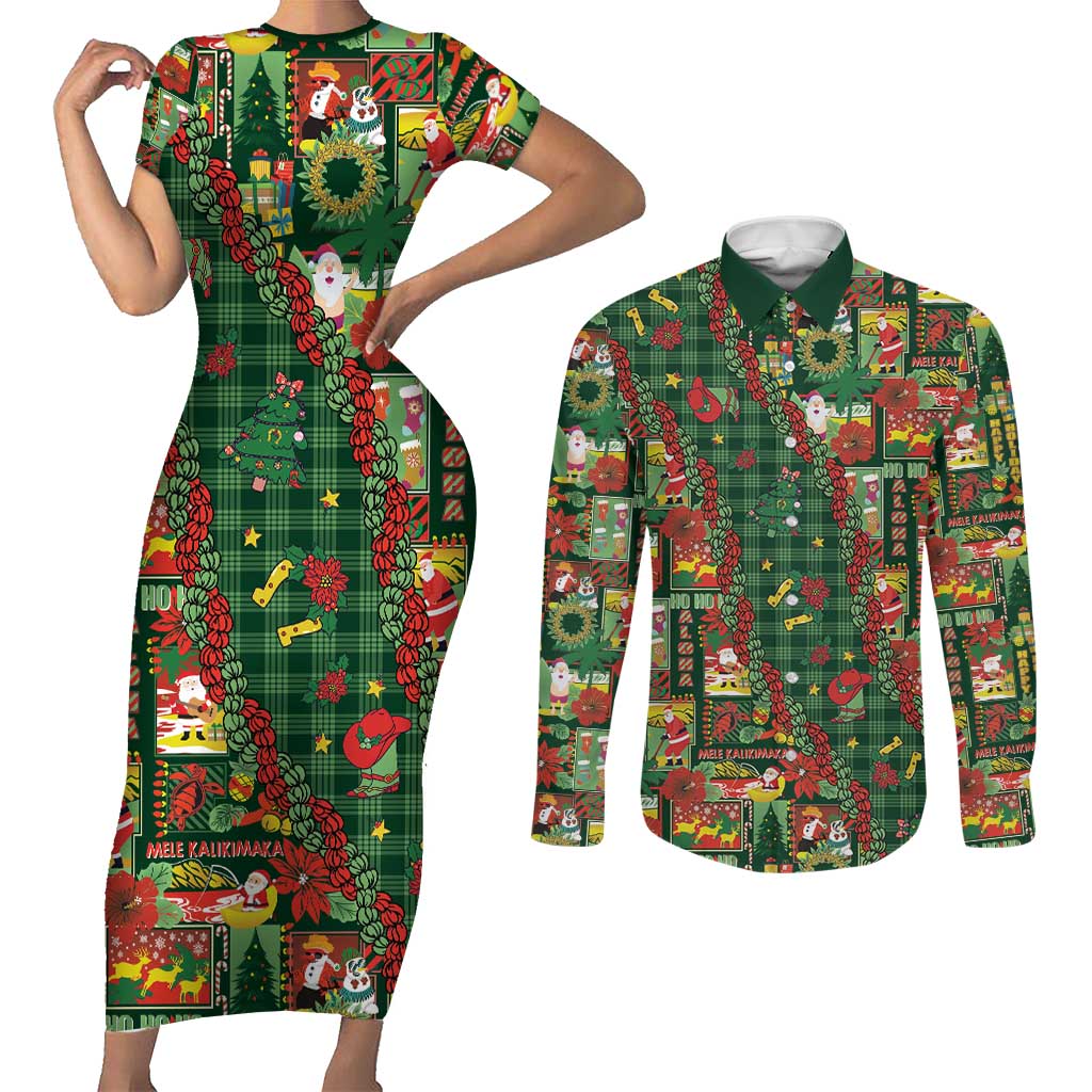 Mele Kalikimaka Pakalana Pikake Lei Couples Matching Short Sleeve Bodycon Dress and Long Sleeve Button Shirt Hawaiian Rodeo Paniolo Ulaula Palaka LT9 Red - Polynesian Pride