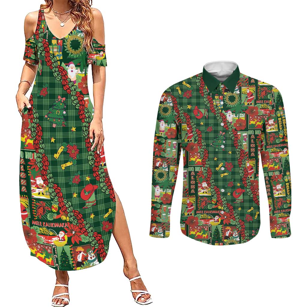 Mele Kalikimaka Pakalana Pikake Lei Couples Matching Summer Maxi Dress and Long Sleeve Button Shirt Hawaiian Rodeo Paniolo Ulaula Palaka LT9 Red - Polynesian Pride