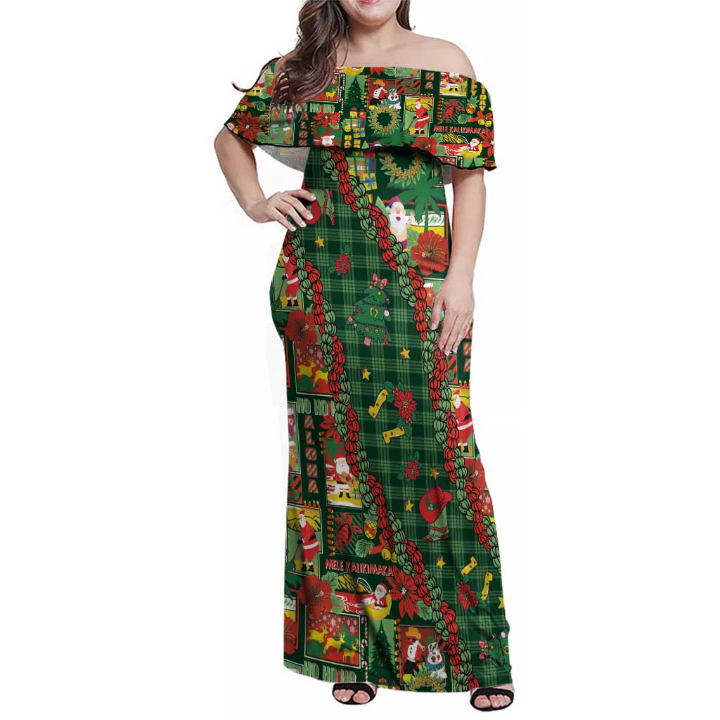 Mele Kalikimaka Pakalana Pikake Lei Family Matching Off Shoulder Maxi Dress and Hawaiian Shirt Hawaiian Rodeo Paniolo Ulaula Palaka LT9 Mom's Dress Red - Polynesian Pride