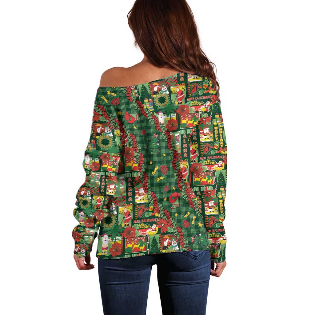 Mele Kalikimaka Pakalana Pikake Lei Off Shoulder Sweater Hawaiian Rodeo Paniolo Ulaula Palaka LT9 - Polynesian Pride