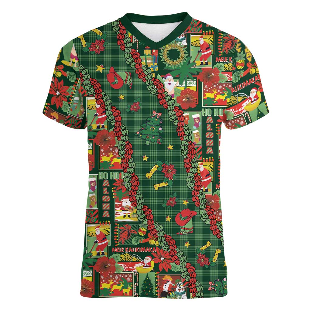 Mele Kalikimaka Pakalana Pikake Lei Women V-Neck T-Shirt Hawaiian Rodeo Paniolo Ulaula Palaka LT9 Female Red - Polynesian Pride
