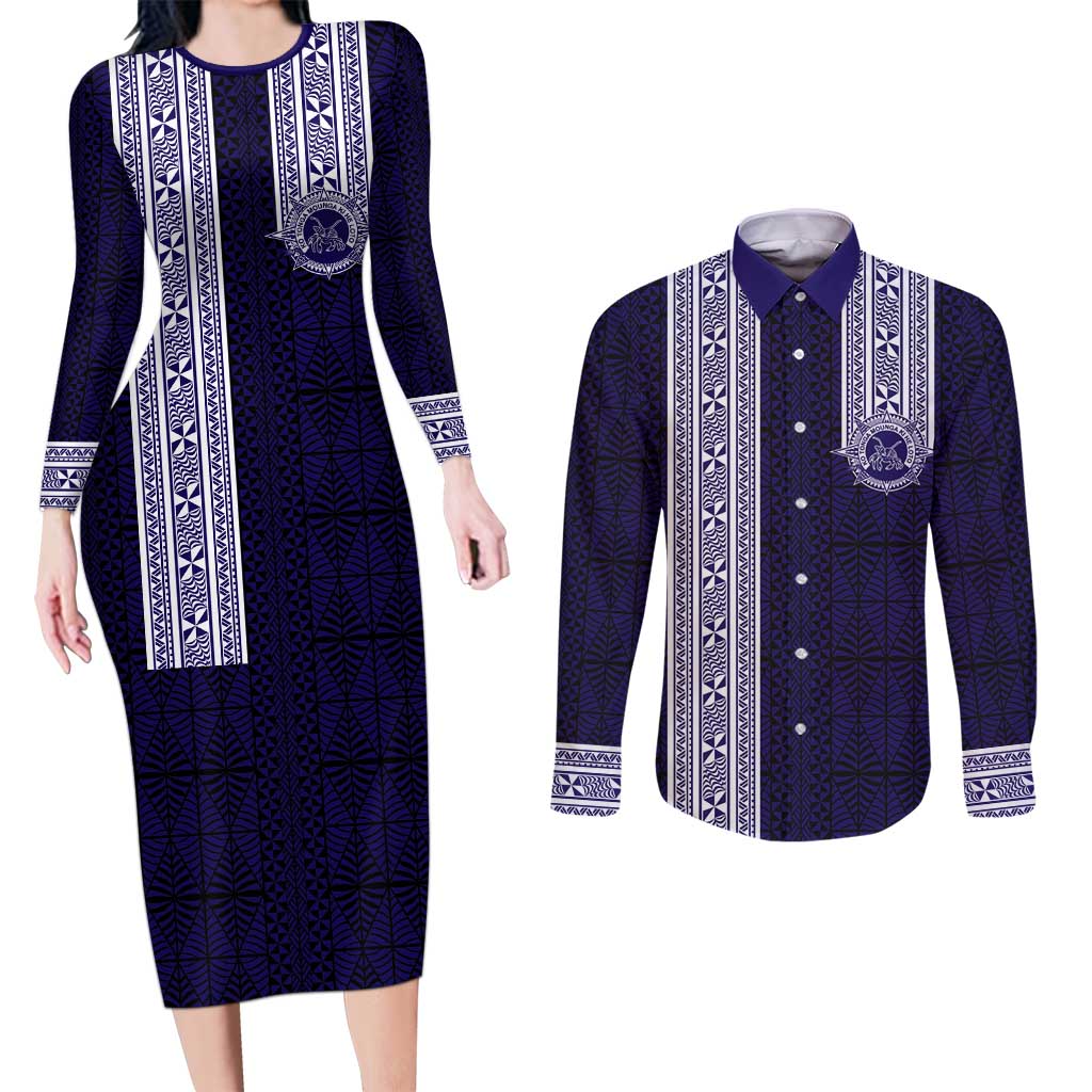 Tonga Queen Salote College 100 years Couples Matching Long Sleeve Bodycon Dress and Long Sleeve Button Shirt QSC 1926-2026 Tongan Pattern LT9 Blue - Polynesian Pride