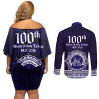Tonga Queen Salote College 100 years Couples Matching Off Shoulder Short Dress and Long Sleeve Button Shirt QSC 1926-2026 Tongan Pattern LT9 - Polynesian Pride