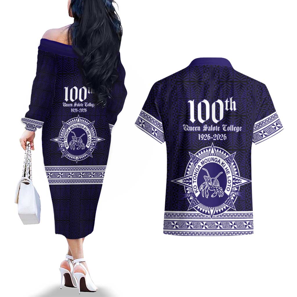 Tonga Queen Salote College 100 years Couples Matching Off The Shoulder Long Sleeve Dress and Hawaiian Shirt QSC 1926-2026 Tongan Pattern LT9 - Polynesian Pride