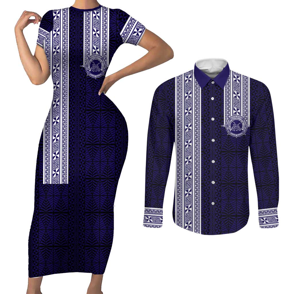 Tonga Queen Salote College 100 years Couples Matching Short Sleeve Bodycon Dress and Long Sleeve Button Shirt QSC 1926-2026 Tongan Pattern LT9 Blue - Polynesian Pride