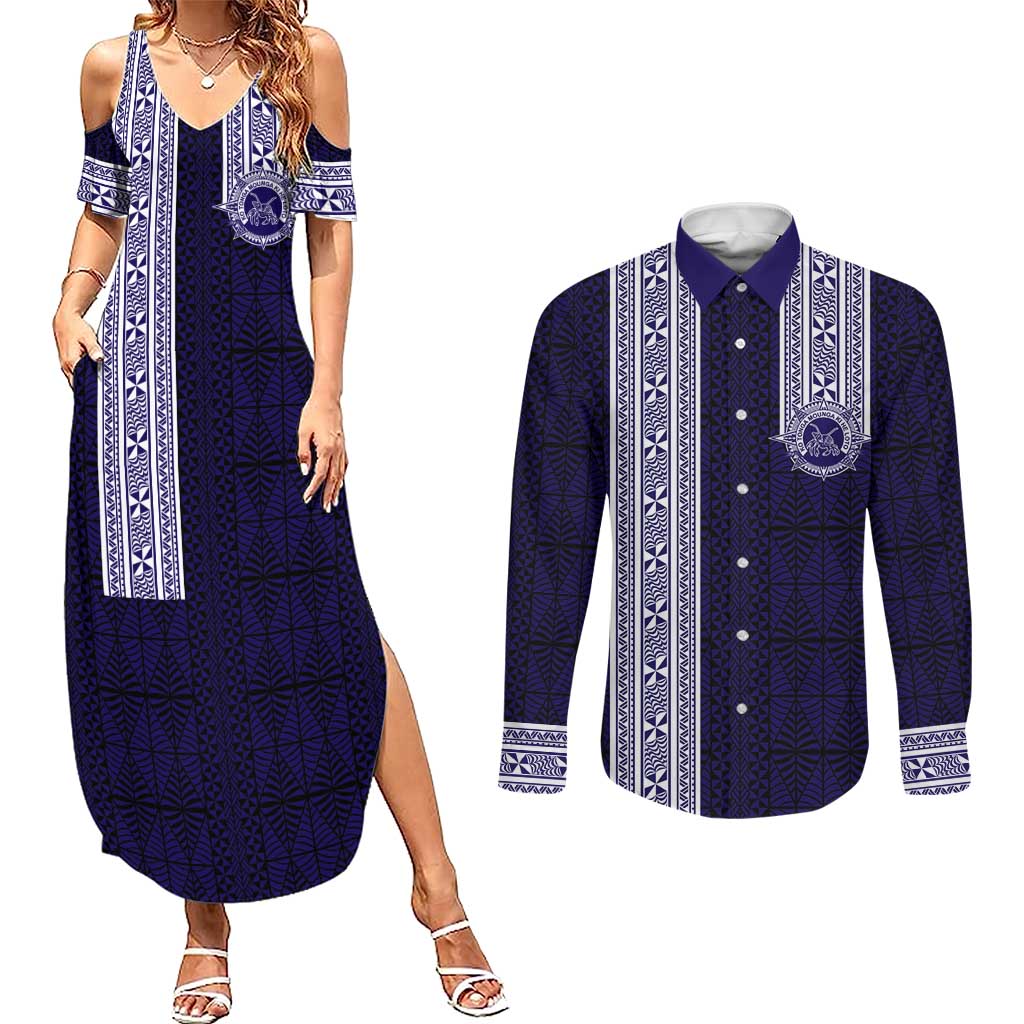 Tonga Queen Salote College 100 years Couples Matching Summer Maxi Dress and Long Sleeve Button Shirt QSC 1926-2026 Tongan Pattern LT9 Blue - Polynesian Pride