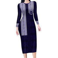 Tonga Queen Salote College 100 years Family Matching Long Sleeve Bodycon Dress and Hawaiian Shirt QSC 1926-2026 Tongan Pattern LT9 Mom's Dress Blue - Polynesian Pride