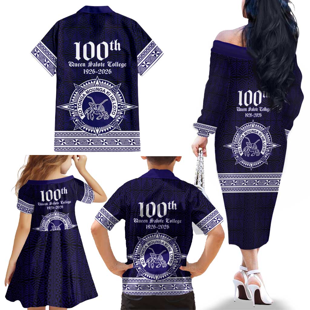 Tonga Queen Salote College 100 years Family Matching Off The Shoulder Long Sleeve Dress and Hawaiian Shirt QSC 1926-2026 Tongan Pattern LT9 - Polynesian Pride
