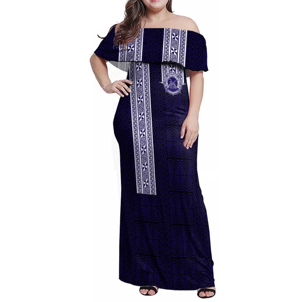 Tonga Queen Salote College 100 years Family Matching Off Shoulder Maxi Dress and Hawaiian Shirt QSC 1926-2026 Tongan Pattern LT9 Mom's Dress Blue - Polynesian Pride