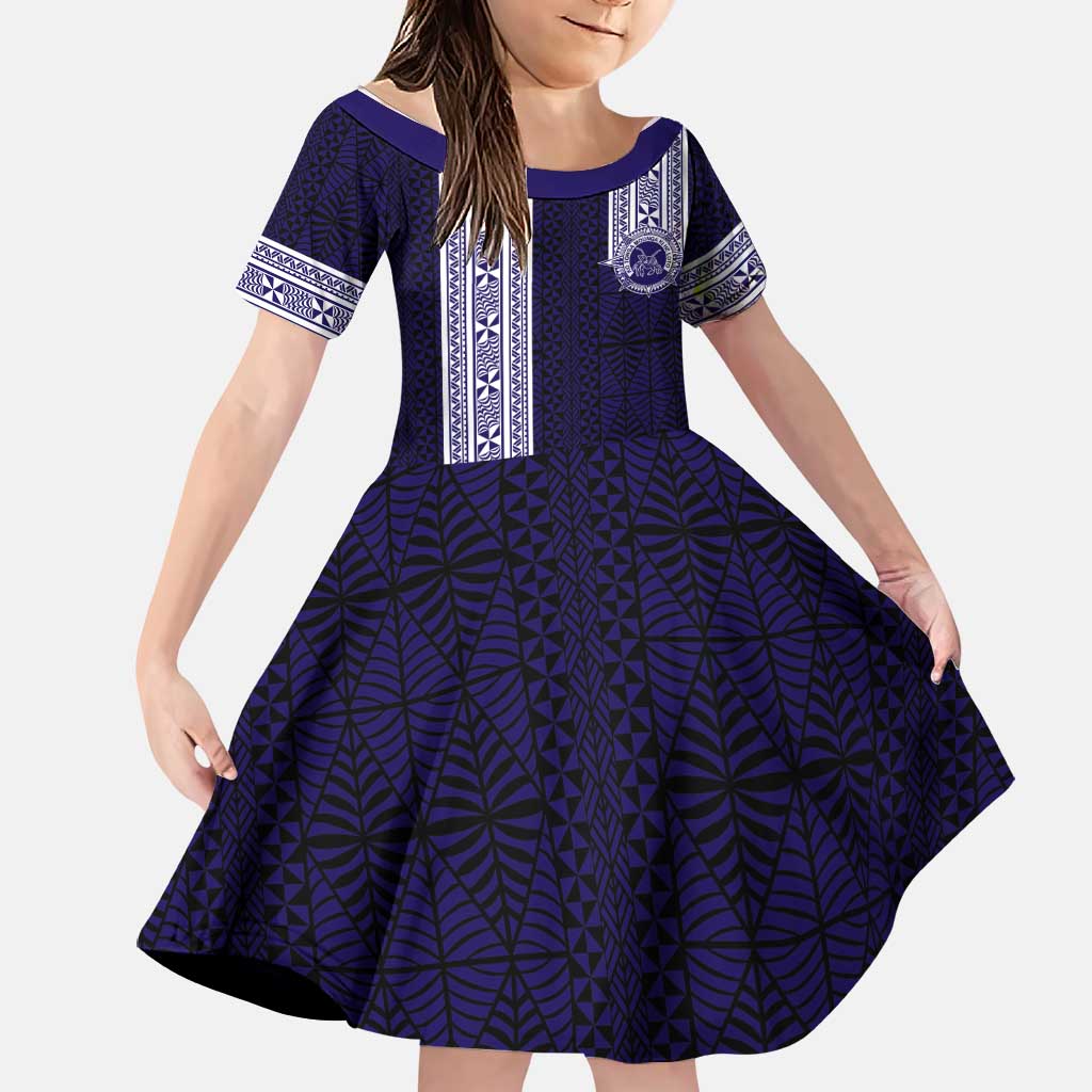 Tonga Queen Salote College 100 years Family Matching Off Shoulder Short Dress and Hawaiian Shirt QSC 1926-2026 Tongan Pattern LT9 Daughter's Dress Blue - Polynesian Pride