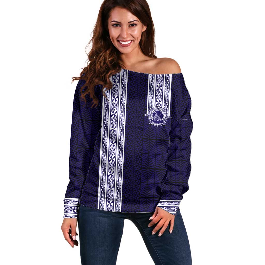 Tonga Queen Salote College 100 years Off Shoulder Sweater QSC 1926-2026 Tongan Pattern LT9 Women Blue - Polynesian Pride