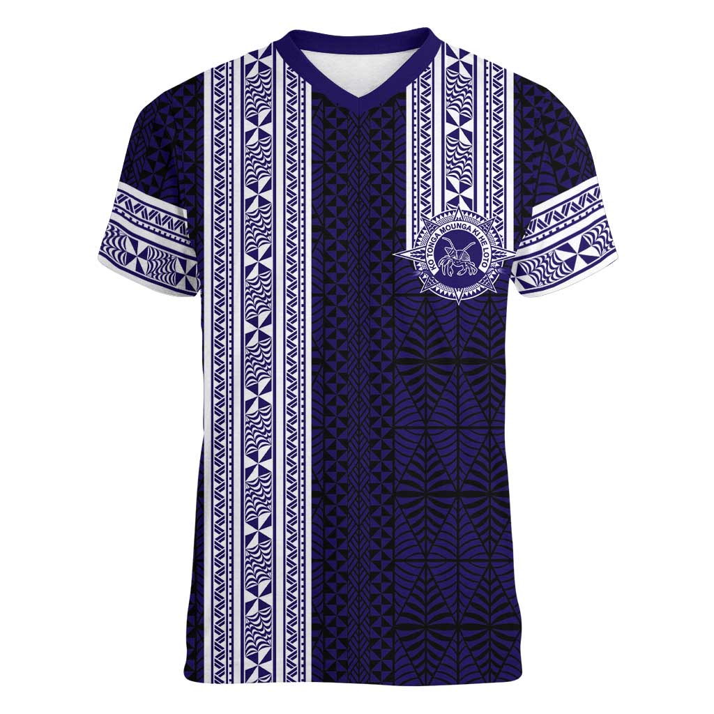 Tonga Queen Salote College 100 years Women V-Neck T-Shirt QSC 1926-2026 Tongan Pattern LT9 Female Blue - Polynesian Pride