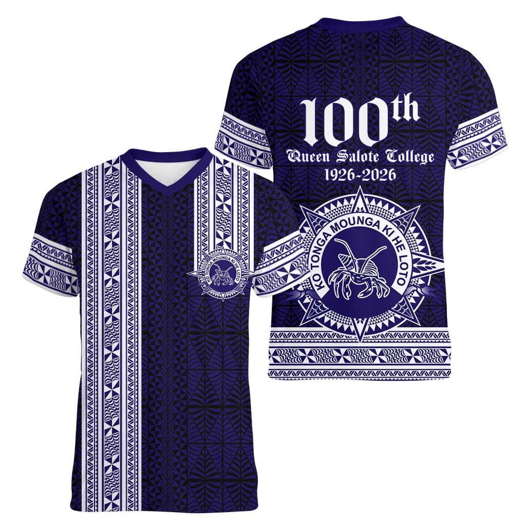 Tonga Queen Salote College 100 years Women V-Neck T-Shirt QSC 1926-2026 Tongan Pattern LT9 - Polynesian Pride