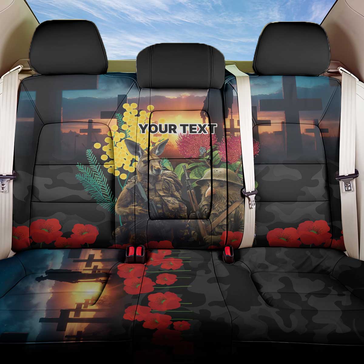 Kangaroo-Kiwi Soldier ANZAC Personalised Back Car Seat Cover Golden Wattle and Pohutukawa Flowers LT9 One Size Black - Polynesian Pride