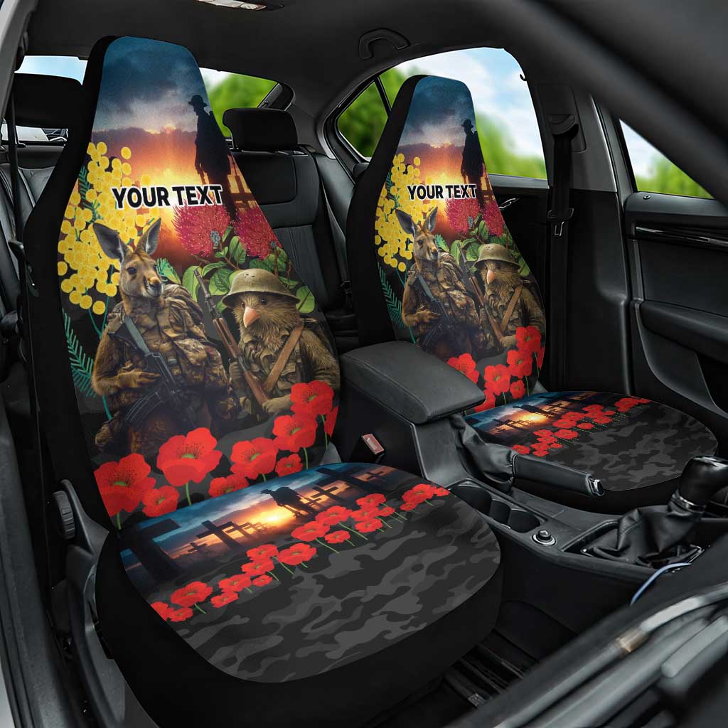 Kangaroo-Kiwi Soldier ANZAC Personalised Car Seat Cover Golden Wattle and Pohutukawa Flowers LT9 One Size Black - Polynesian Pride