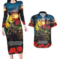 Kangaroo-Kiwi Soldier ANZAC Personalised Couples Matching Long Sleeve Bodycon Dress and Hawaiian Shirt Golden Wattle and Pohutukawa Flowers LT9 Black - Polynesian Pride