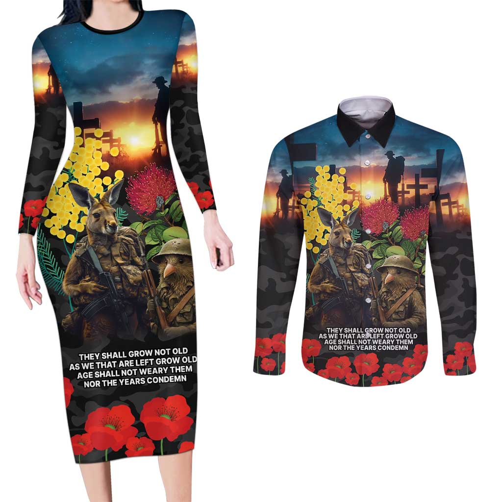 Kangaroo-Kiwi Soldier ANZAC Personalised Couples Matching Long Sleeve Bodycon Dress and Long Sleeve Button Shirt Golden Wattle and Pohutukawa Flowers LT9 Black - Polynesian Pride