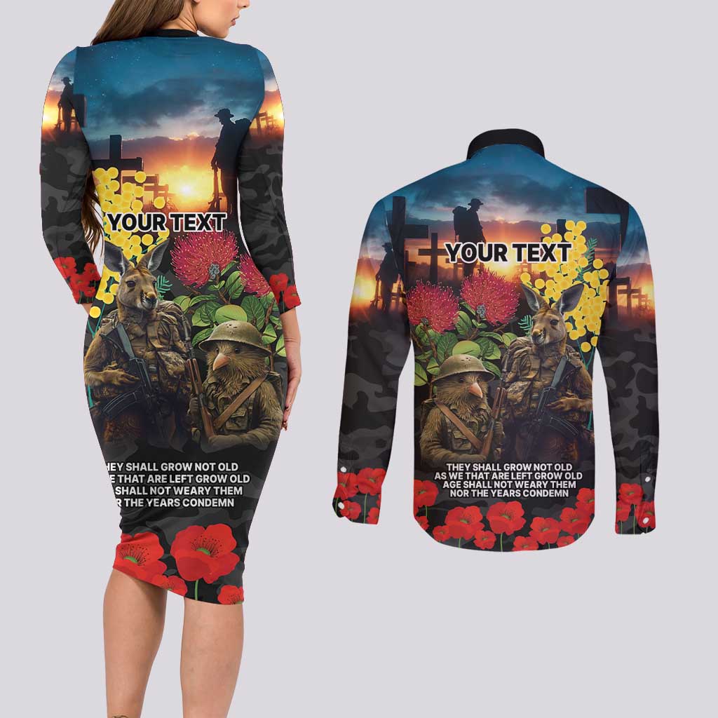 Kangaroo-Kiwi Soldier ANZAC Personalised Couples Matching Long Sleeve Bodycon Dress and Long Sleeve Button Shirt Golden Wattle and Pohutukawa Flowers LT9 - Polynesian Pride