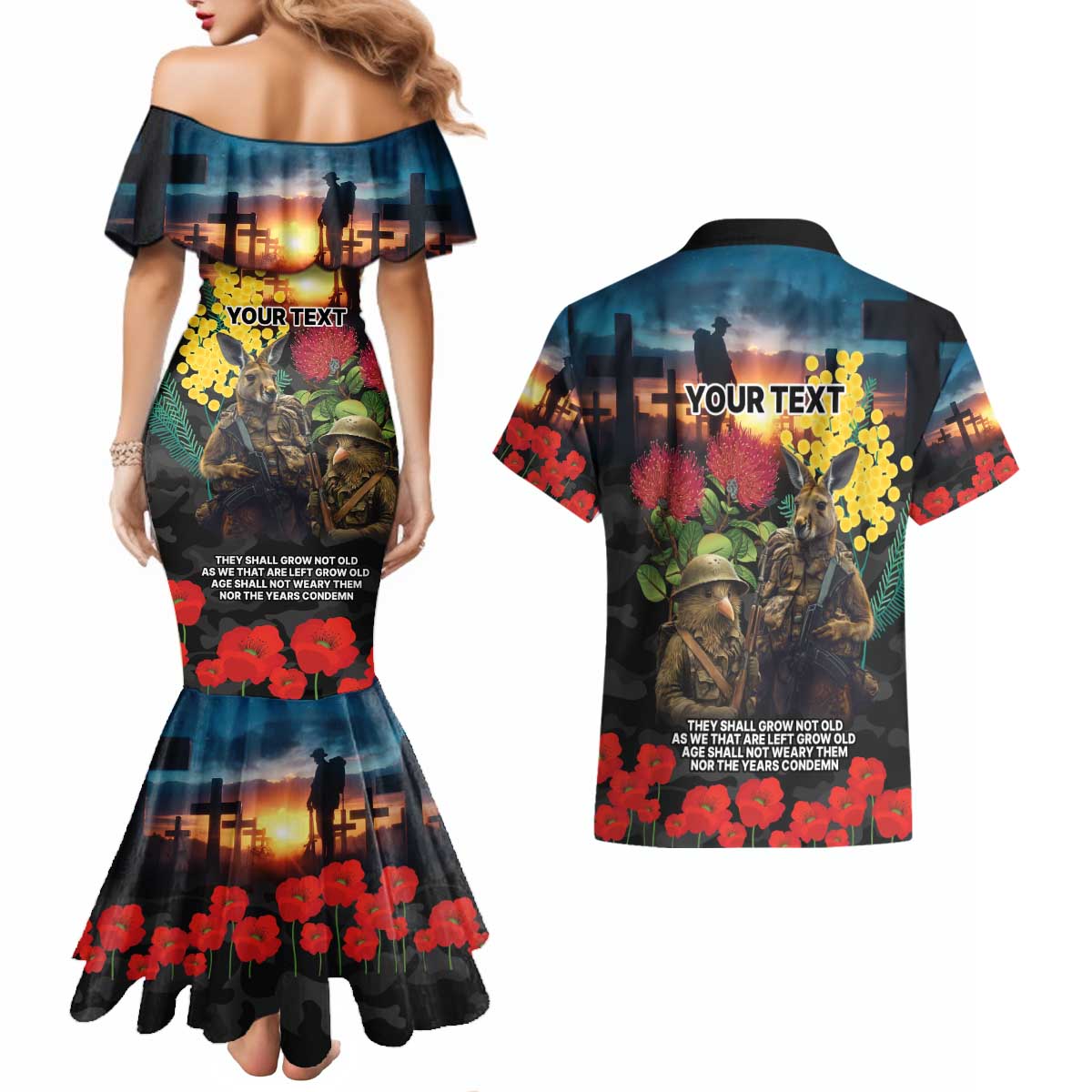 Kangaroo-Kiwi Soldier ANZAC Personalised Couples Matching Mermaid Dress and Hawaiian Shirt Golden Wattle and Pohutukawa Flowers LT9 - Polynesian Pride