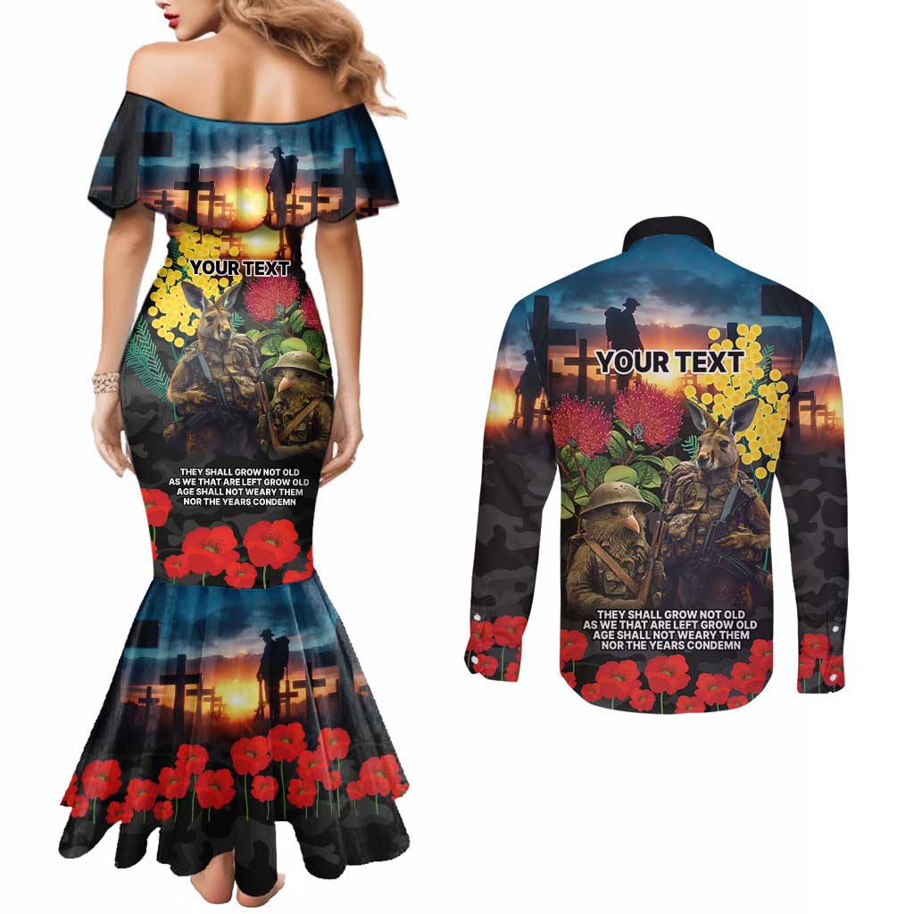 Kangaroo-Kiwi Soldier ANZAC Personalised Couples Matching Mermaid Dress and Long Sleeve Button Shirt Golden Wattle and Pohutukawa Flowers LT9 - Polynesian Pride