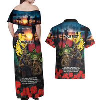 Kangaroo-Kiwi Soldier ANZAC Personalised Couples Matching Off Shoulder Maxi Dress and Hawaiian Shirt Golden Wattle and Pohutukawa Flowers LT9 - Polynesian Pride