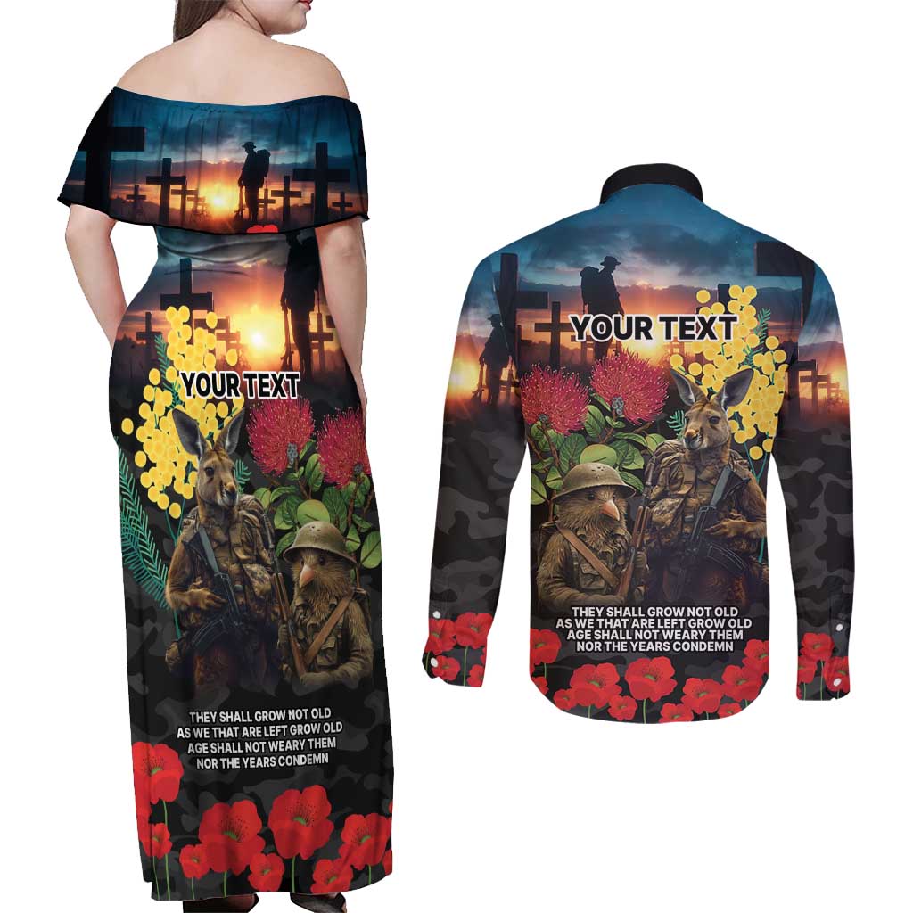 Kangaroo-Kiwi Soldier ANZAC Personalised Couples Matching Off Shoulder Maxi Dress and Long Sleeve Button Shirt Golden Wattle and Pohutukawa Flowers LT9 - Polynesian Pride